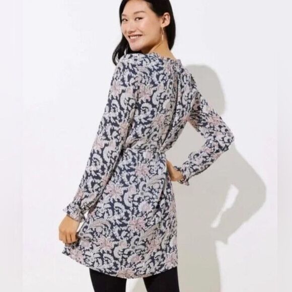 Loft Paisley Print Floral Prairie Split Neck Long Sleeve Belted Dress Medium‎ - Picture 1 of 9